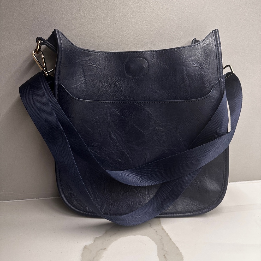 Real vegan leather navy blue Ahdorned bag with blue straps, like new